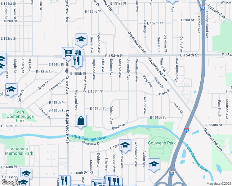 map of restaurants, bars, coffee shops, grocery stores, and more near 1025 East 156th Street in Dolton