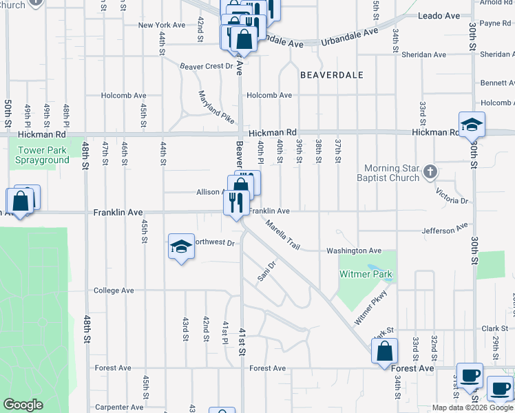map of restaurants, bars, coffee shops, grocery stores, and more near 4025 Franklin Avenue in Des Moines