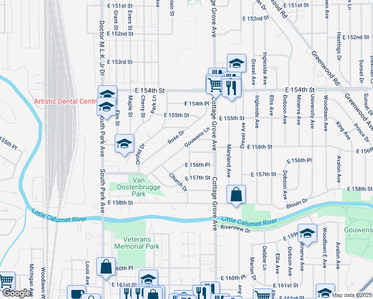 map of restaurants, bars, coffee shops, grocery stores, and more near 15562 Langley Avenue in South Holland