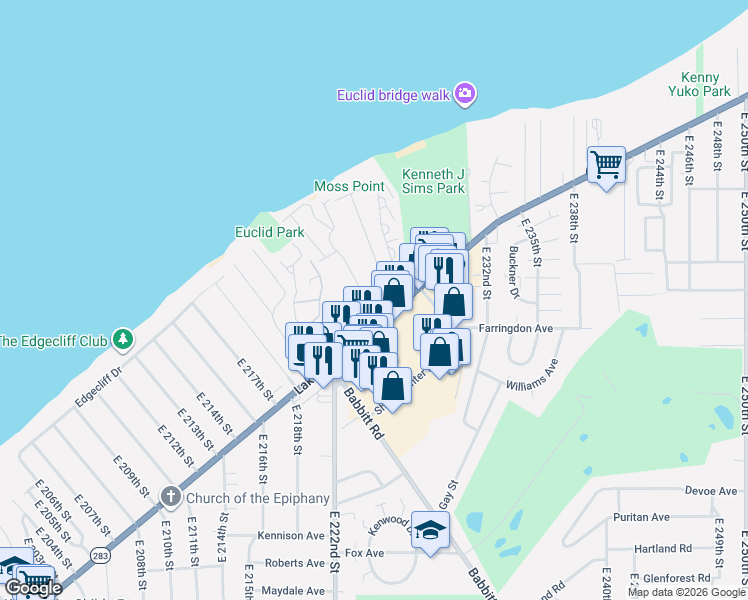 map of restaurants, bars, coffee shops, grocery stores, and more near 175 Noble Beach Drive in Euclid