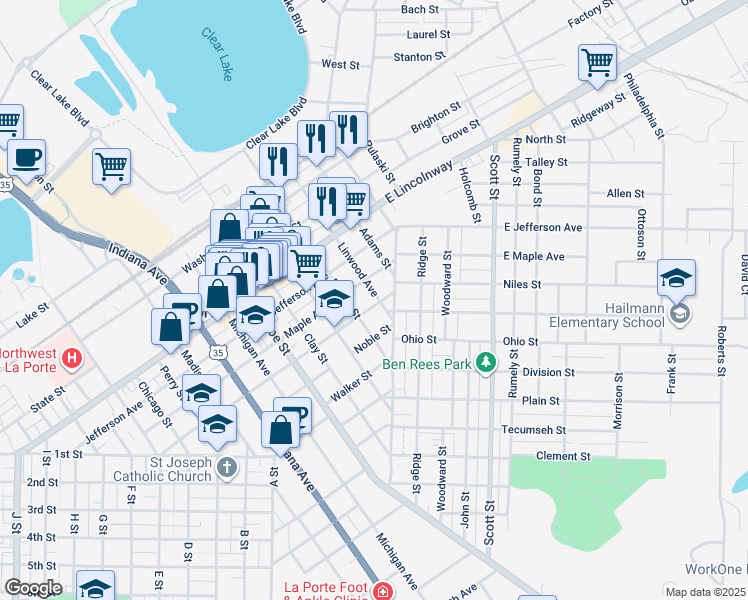 map of restaurants, bars, coffee shops, grocery stores, and more near 201 Harrison Street in La Porte