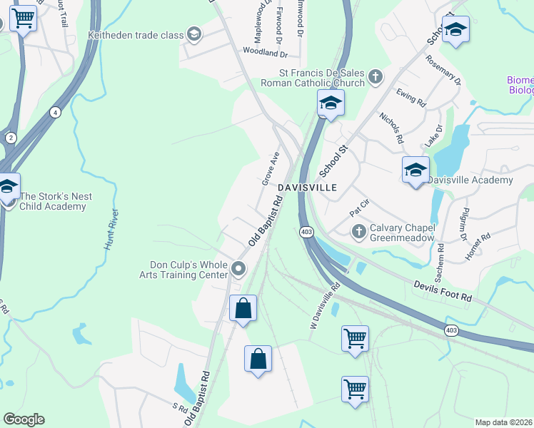 map of restaurants, bars, coffee shops, grocery stores, and more near 93 Old Baptist Road in North Kingstown