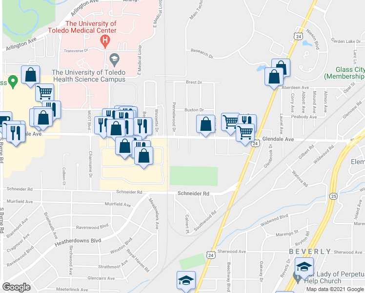 map of restaurants, bars, coffee shops, grocery stores, and more near 1521 Pennelwood Drive in Toledo