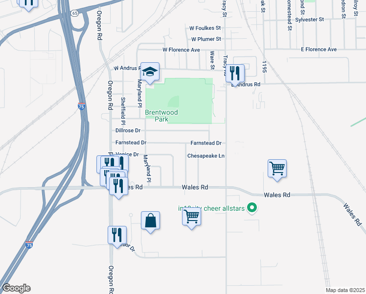 map of restaurants, bars, coffee shops, grocery stores, and more near 2402 Bedford Lane in Northwood