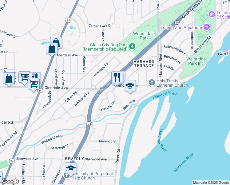 map of restaurants, bars, coffee shops, grocery stores, and more near 1610 Circular Road in Toledo