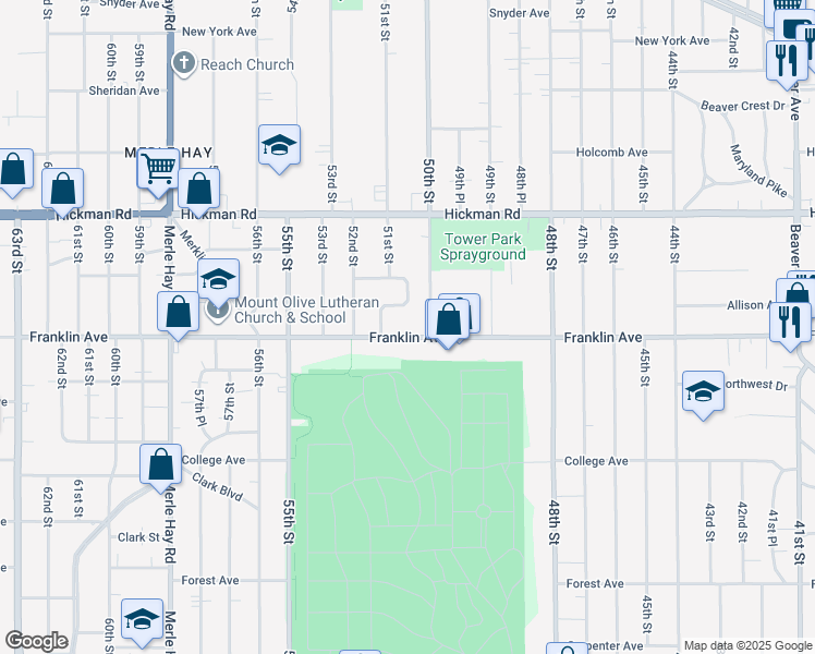 map of restaurants, bars, coffee shops, grocery stores, and more near 5019 Franklin Avenue in Des Moines