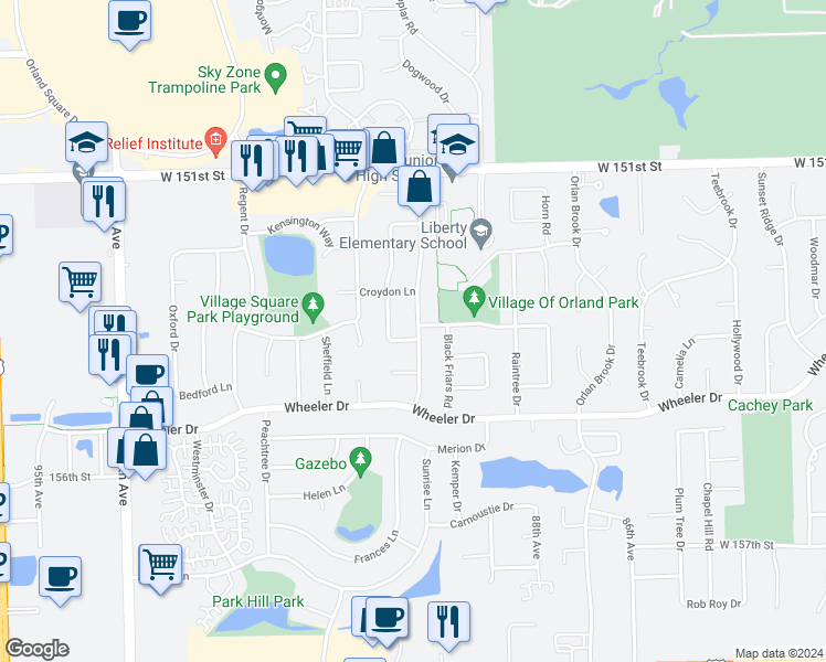 map of restaurants, bars, coffee shops, grocery stores, and more near 8930 Tally Ho Lane in Orland Park