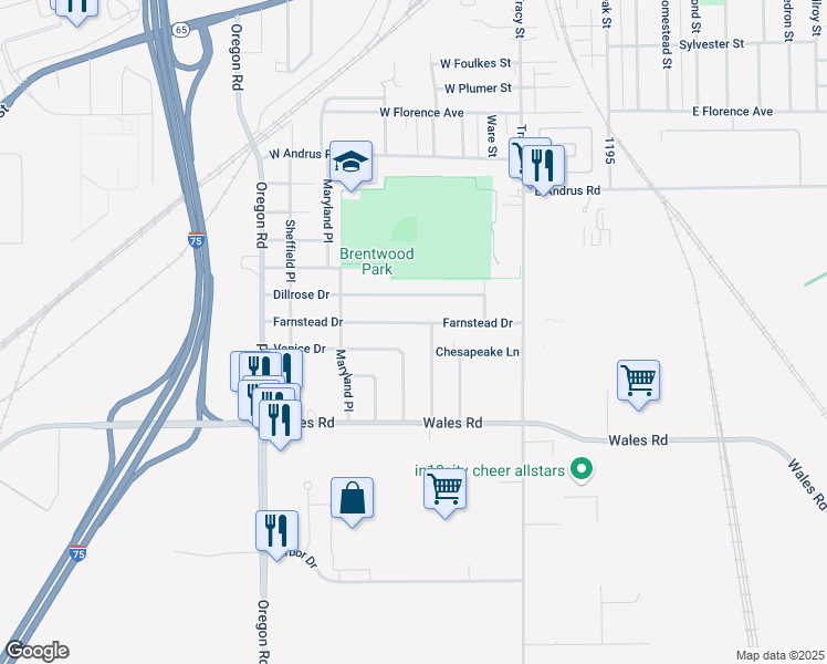 map of restaurants, bars, coffee shops, grocery stores, and more near 2402 Bedford Lane in Northwood