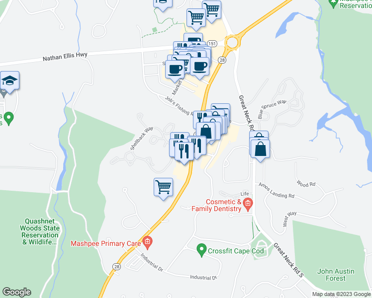 map of restaurants, bars, coffee shops, grocery stores, and more near 139 Shellback Way in Mashpee