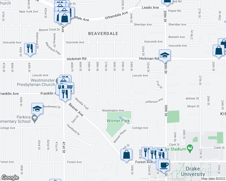 map of restaurants, bars, coffee shops, grocery stores, and more near 3601 Franklin Avenue in Des Moines