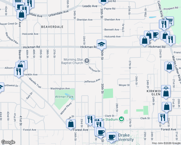 map of restaurants, bars, coffee shops, grocery stores, and more near 3116 Victoria Drive in Des Moines