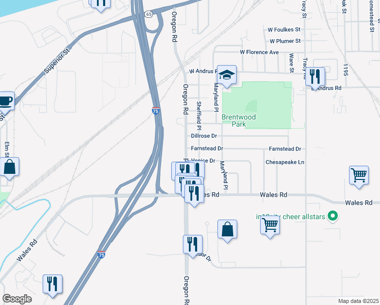 map of restaurants, bars, coffee shops, grocery stores, and more near 707 Oregon Road in Northwood