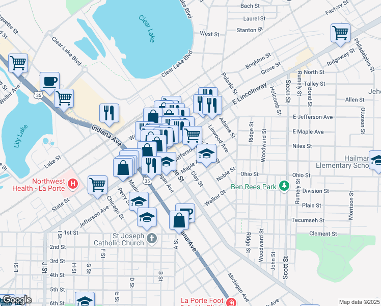 map of restaurants, bars, coffee shops, grocery stores, and more near 504 Jefferson Avenue in La Porte
