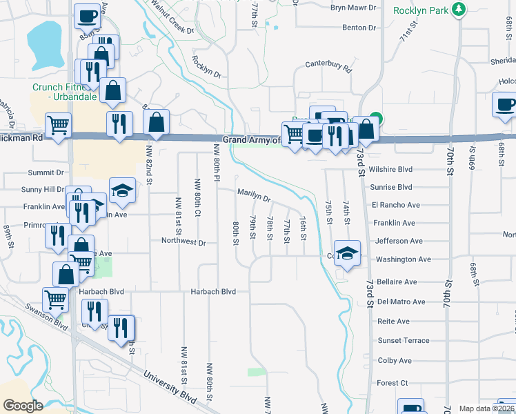 map of restaurants, bars, coffee shops, grocery stores, and more near 1910 78th Street in Windsor Heights