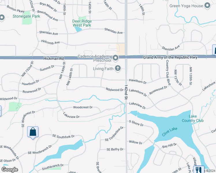 map of restaurants, bars, coffee shops, grocery stores, and more near 14401 Wildwood Drive in Clive