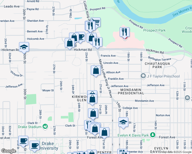 map of restaurants, bars, coffee shops, grocery stores, and more near 1909 22nd Street in Des Moines