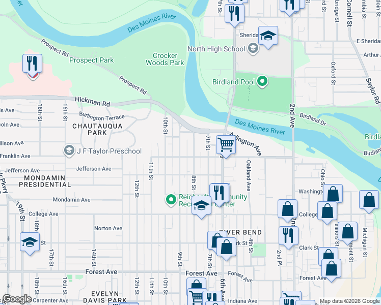 map of restaurants, bars, coffee shops, grocery stores, and more near 1906 8th Street in Des Moines