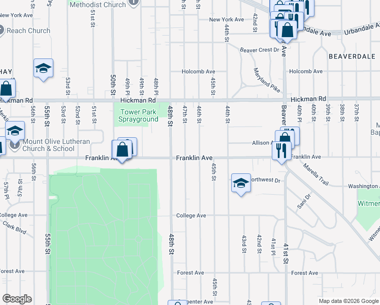 map of restaurants, bars, coffee shops, grocery stores, and more near 4615 Franklin Avenue in Des Moines