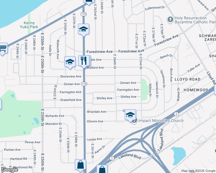 map of restaurants, bars, coffee shops, grocery stores, and more near 26450 Zeman Avenue in Euclid