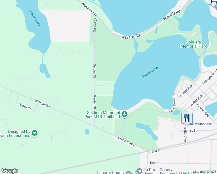 map of restaurants, bars, coffee shops, grocery stores, and more near 155 Garden Street in La Porte