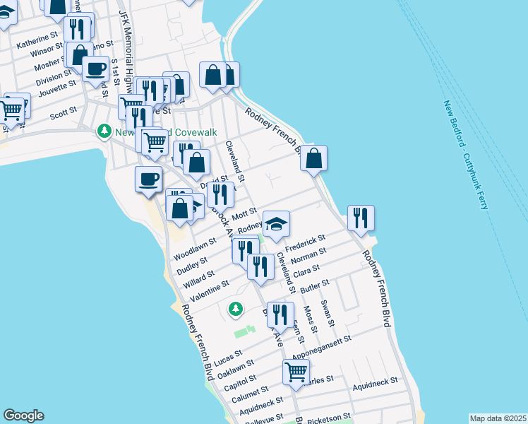 map of restaurants, bars, coffee shops, grocery stores, and more near 67 Rodney Street in New Bedford