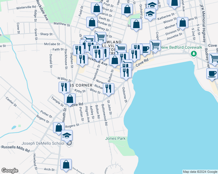 map of restaurants, bars, coffee shops, grocery stores, and more near 132 Norwell Street in New Bedford