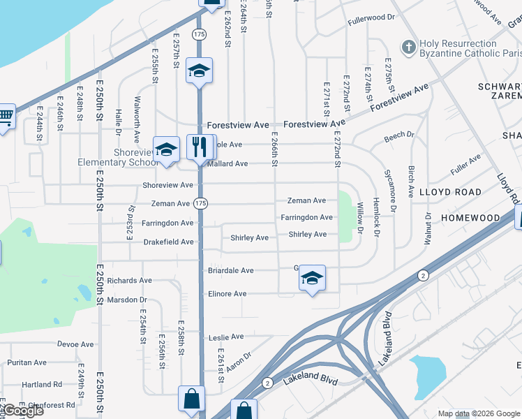 map of restaurants, bars, coffee shops, grocery stores, and more near 26450 Zeman Avenue in Euclid