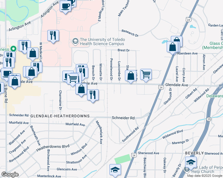 map of restaurants, bars, coffee shops, grocery stores, and more near 1521 Pennelwood Drive in Toledo
