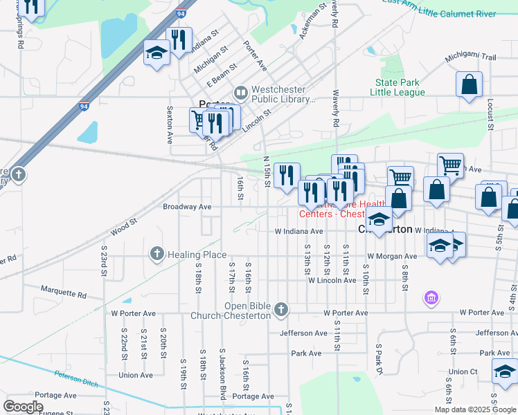 map of restaurants, bars, coffee shops, grocery stores, and more near 1501 Broadway in Chesterton