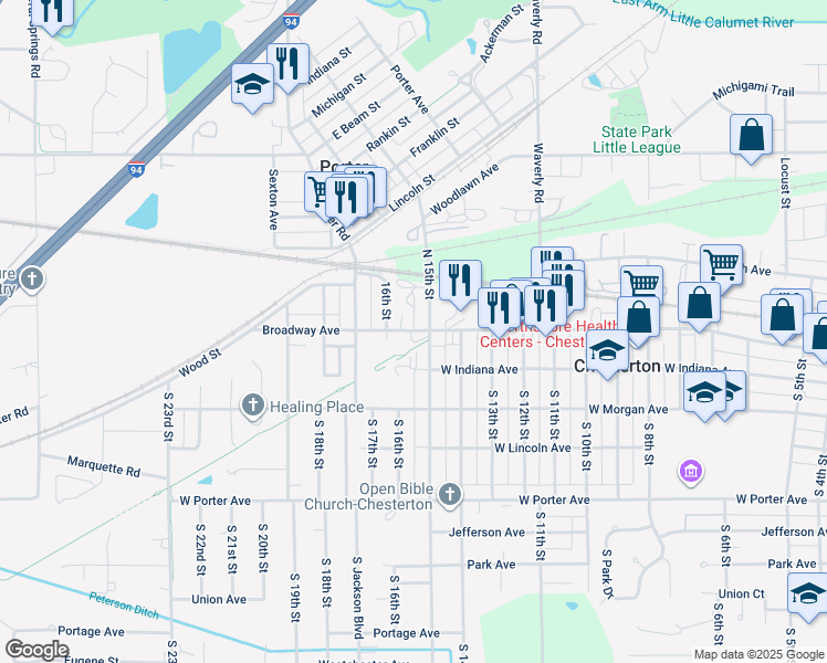 map of restaurants, bars, coffee shops, grocery stores, and more near 1501 Broadway in Chesterton