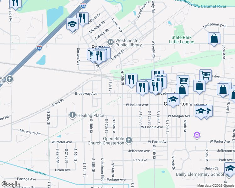 map of restaurants, bars, coffee shops, grocery stores, and more near 1501 Broadway in Chesterton