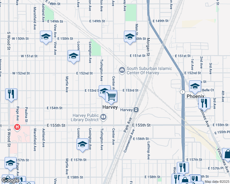 map of restaurants, bars, coffee shops, grocery stores, and more near 15304 Center Avenue in Harvey