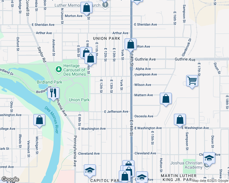 map of restaurants, bars, coffee shops, grocery stores, and more near 1903 East 13th Street in Des Moines