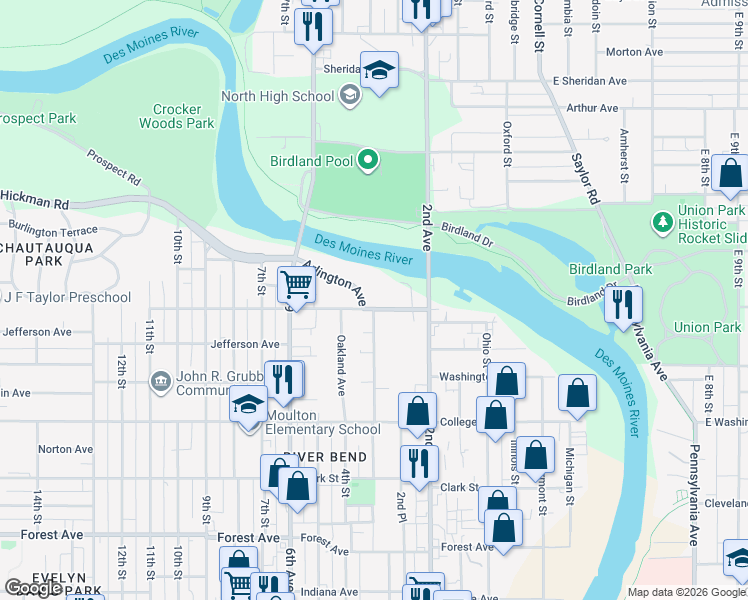map of restaurants, bars, coffee shops, grocery stores, and more near 253 Franklin Avenue in Des Moines