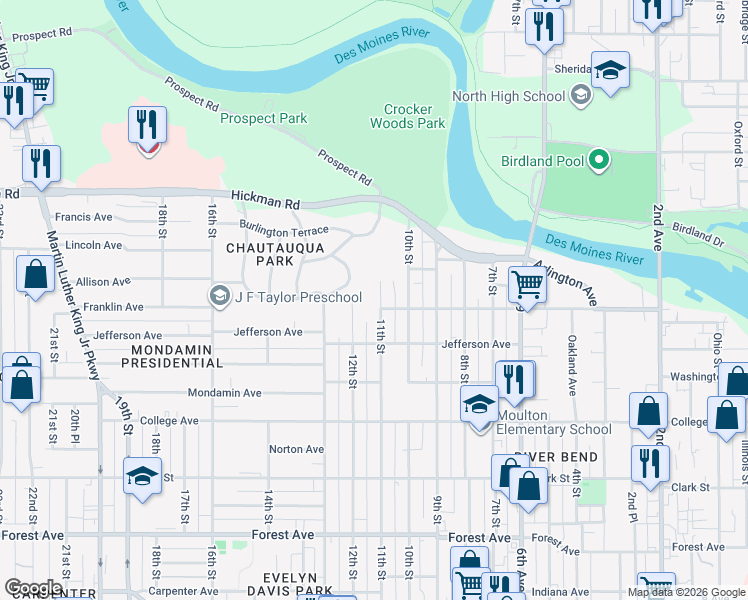 map of restaurants, bars, coffee shops, grocery stores, and more near 1017 Franklin Avenue in Des Moines