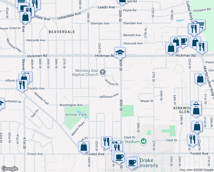 map of restaurants, bars, coffee shops, grocery stores, and more near 3116 Victoria Drive in Des Moines