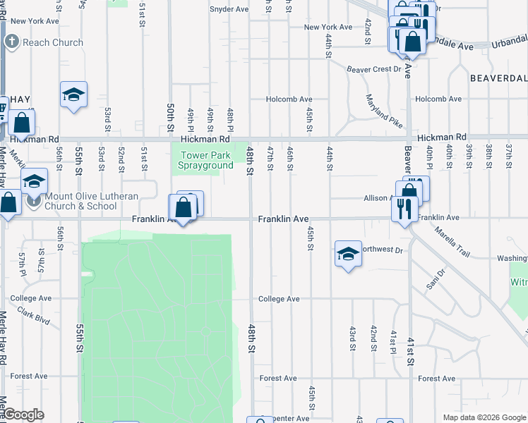map of restaurants, bars, coffee shops, grocery stores, and more near 4719 Franklin Avenue in Des Moines