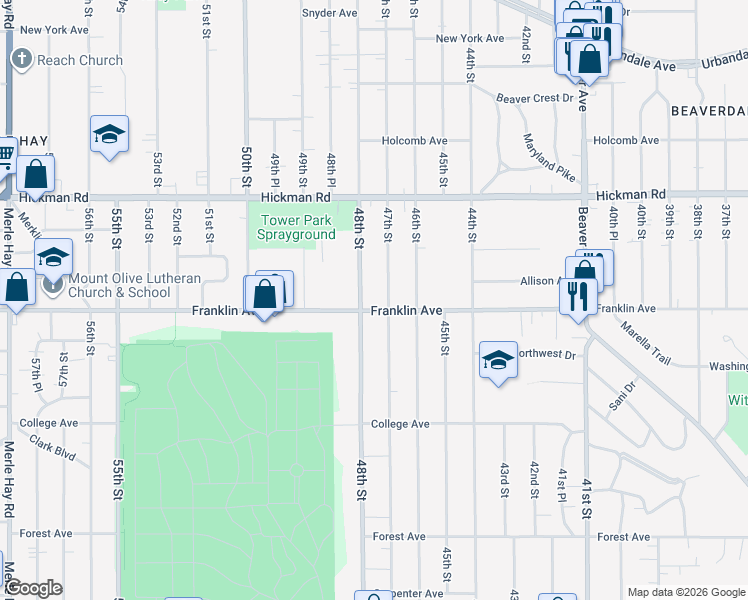 map of restaurants, bars, coffee shops, grocery stores, and more near 4719 Franklin Avenue in Des Moines