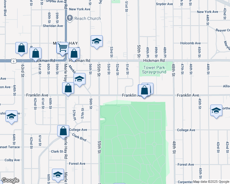 map of restaurants, bars, coffee shops, grocery stores, and more near 1903 53rd Street in Des Moines