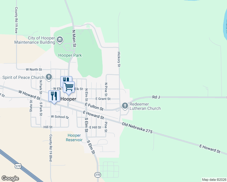 map of restaurants, bars, coffee shops, grocery stores, and more near 507 East Elk Street in Hooper