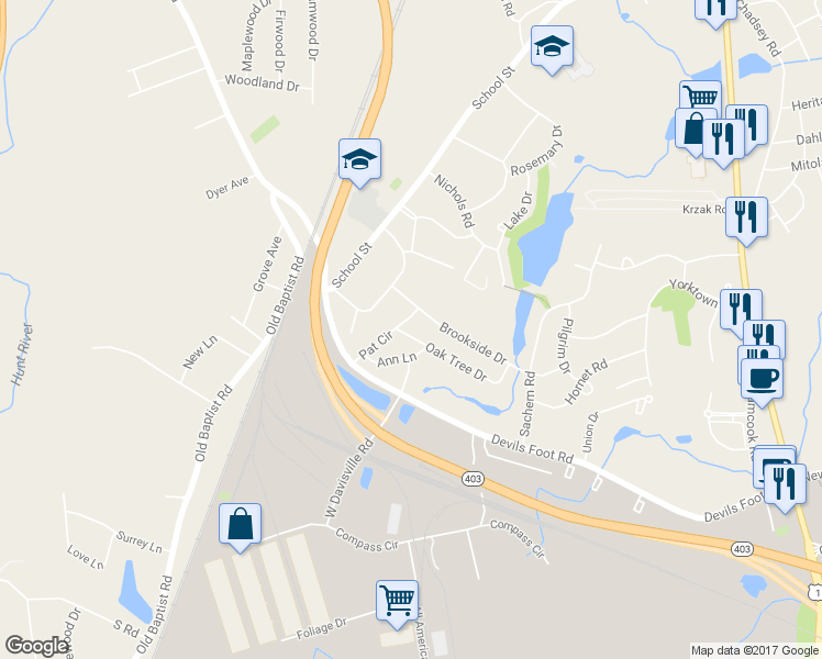 map of restaurants, bars, coffee shops, grocery stores, and more near 10 Oak Tree Drive in North Kingstown