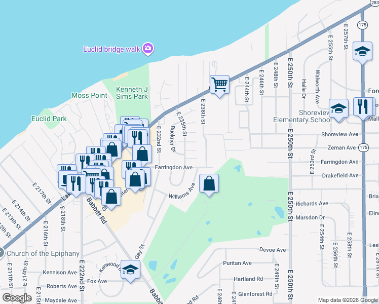 map of restaurants, bars, coffee shops, grocery stores, and more near 333 East 235th Street in Euclid