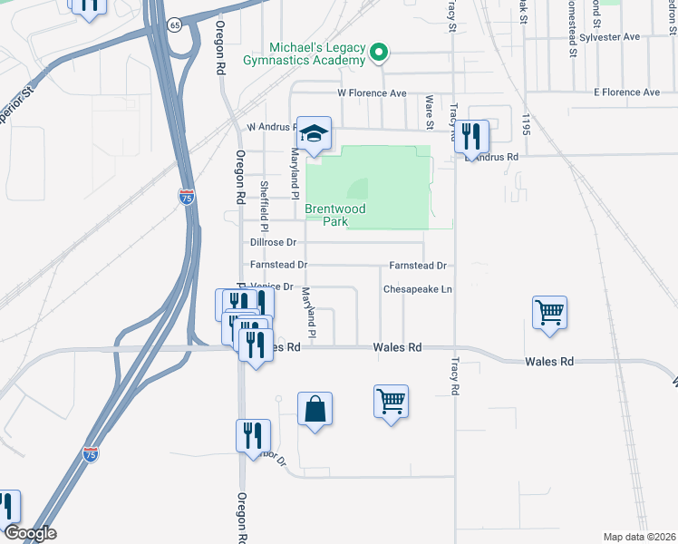 map of restaurants, bars, coffee shops, grocery stores, and more near 307 Farnstead Drive in Northwood