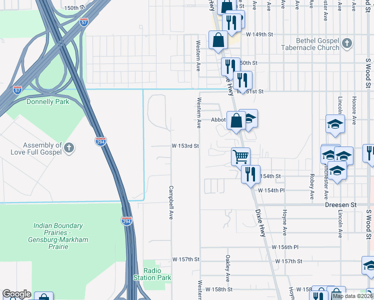 map of restaurants, bars, coffee shops, grocery stores, and more near 2514 West 153rd Street in Harvey