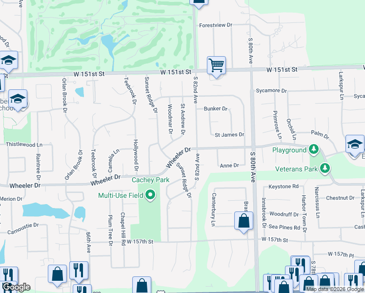 map of restaurants, bars, coffee shops, grocery stores, and more near 8230 Wheeler Drive in Orland Park