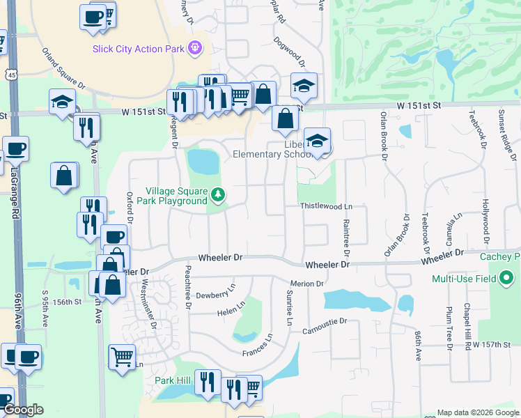 map of restaurants, bars, coffee shops, grocery stores, and more near 15333 Wexford Lane in Orland Park