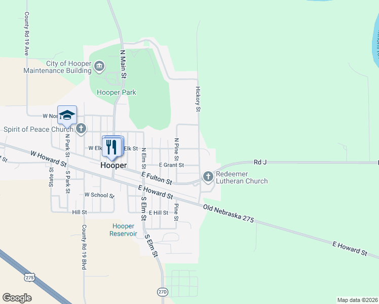 map of restaurants, bars, coffee shops, grocery stores, and more near 507 East Elk Street in Hooper