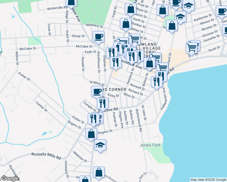 map of restaurants, bars, coffee shops, grocery stores, and more near 18 Bliss Street in Dartmouth