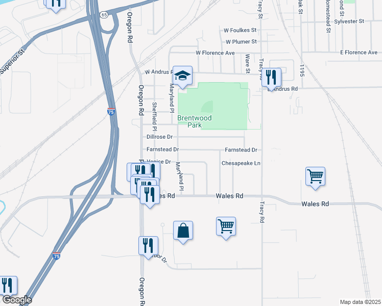 map of restaurants, bars, coffee shops, grocery stores, and more near 313 Farnstead Drive in Northwood
