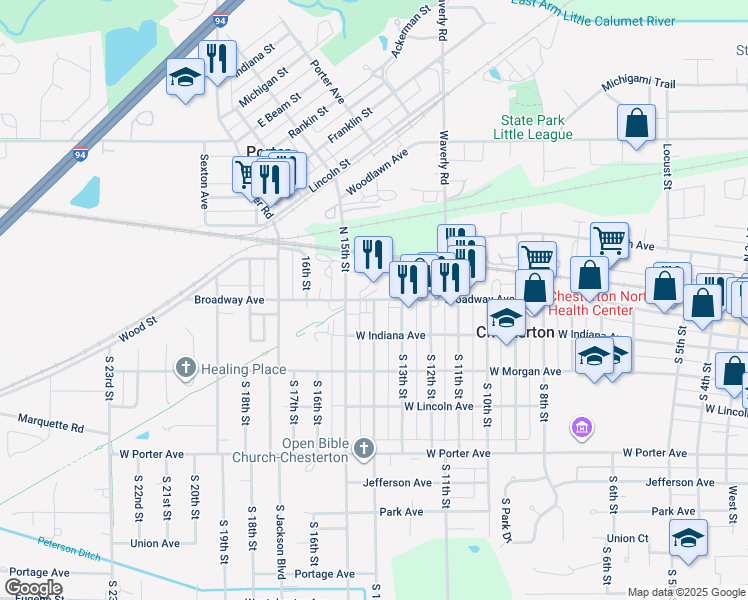 map of restaurants, bars, coffee shops, grocery stores, and more near 1401 Broadway in Chesterton